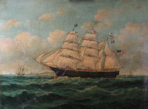 Bob Sanders (British, b. 1945), An American square rigged ship off the coast, oil on canvas, 76 x 102cm (unframed).