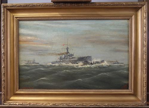 J*** S*** Ellis (British, 20th Century), Naval ships and a submarine, signed and dated 'J S Ellis 1919' (lower right), oil on board, 27.5 x 43.5cm,...