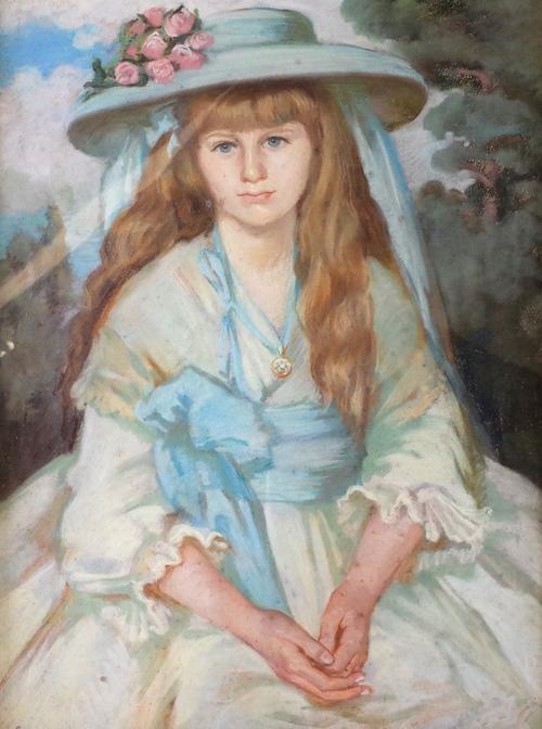 English School, late 19th/early 20th Century, Portrait of a girl in a white and blue dress, pastel, 74 x 53cm.