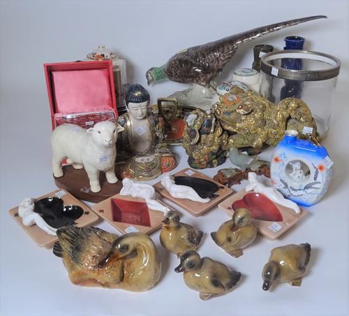 Ceramics and glass including; a modern European ceramic model of a pheasant, 57cm wide x 25cm high, four ashtrays, cut glass box with cover, 14cm...