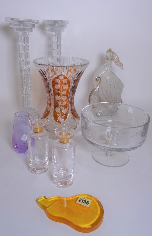 Modern Glassware, including; a pair of candlesticks, 40cm high, cut glass and amber coloured vase, 28cm high, amber coloured glass paperweight formed...