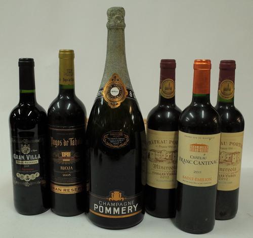 Champagne and Red Wine: Pommery Brut (magnum, age unknown, wooden box); Chateau Portal Minervois Vieilles Vignes 2012 (2 bottles); Chateau Franc...