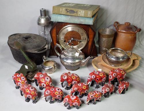 Ceramics and collectables, including; glass decanters, oak mantel clock, silver plated items, decorative vases and sundry, (qty).