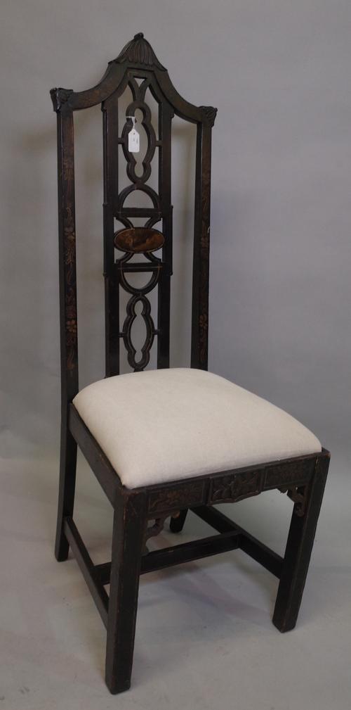 A Chinese Chippendale style black japanned side chair, gilt chinoiserie decorated with a high pierced splat back and drop in seat, 47cm wide x 122cm...