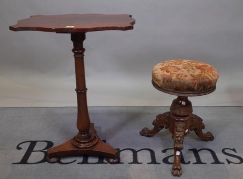 A 19th century mahogany circular height adjustable piano stool, 36cm diameter, and a 19th century mahogany occasional table, on triform base, 53cm...