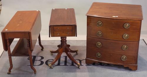 A 19th century mahogany bowfront commode, 62cm wide x 67cm high, a 19th century mahogany pot cupboard, 38cm wide x 81cm high, a Regency style drop...
