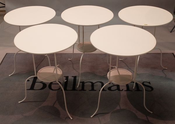 A set of five modern white painted metal circular two tier occasional/ cafe tables, 51cm diameter x 67cm high, (5).