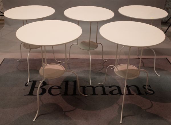 A set of five modern white painted metal circular two tier occasiona/cafel tables, 51cm diameter x 67cm high (5).