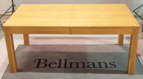 A modern oak triple section dining table with additional centre section, 90 cm wide x 182cm long x 273cm extended.