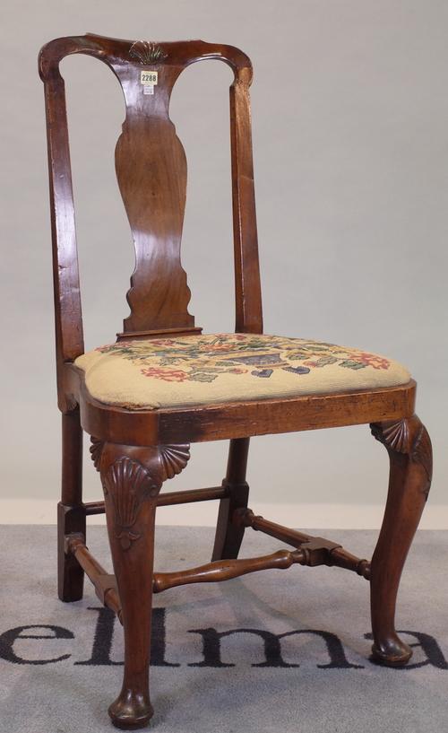 A George I and later walnut vase back side chair, 56cm wide x 98cm high.