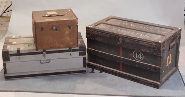 Two painted metal bound rectangular trunks, 91cm wide, together with a canvas hat box, 46cm wide, (2).
