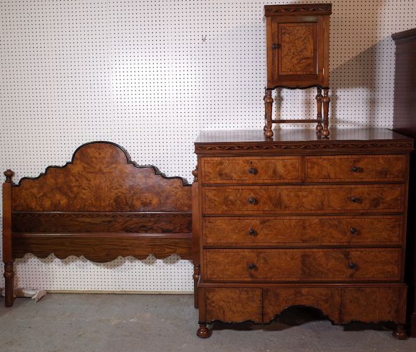 A Scottish late 19th century marquetry inlaid walnut chest on stand, 122cm wide x 120cm high, together with a matching pot cupboard, 39cm wide x 76cm...