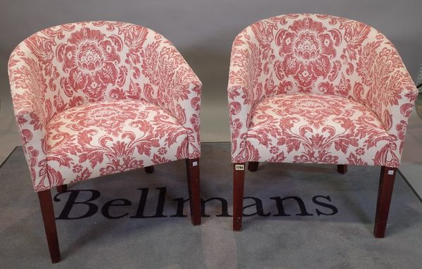 A pair of modern hardwood framed tub chairs, on tapering square supports, 65cm wide x 76cm high, (2).