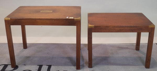 A campaign style mahogany and brass bound nest of two tables, the largest 64cm wide x 49cm high, (2).