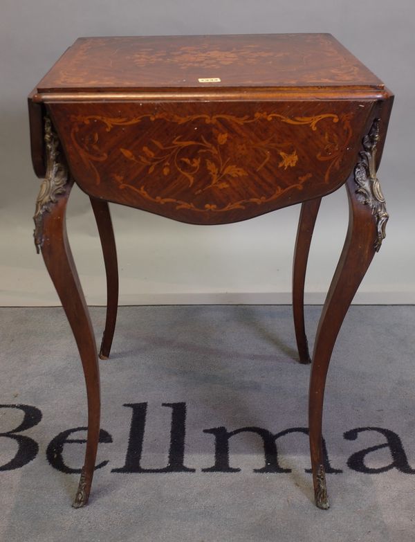 A late 19th century French, gilt metal mounted kingwood drop flap occasional table on cabriole supports, 54cm wide x 76cm high.