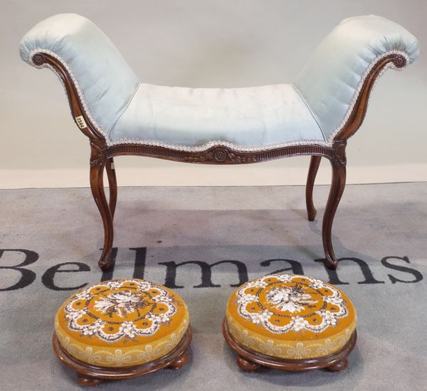 A late 19th century French mahogany window seat on cabriole supports (a.f.), 101cm wide x 66cm high, and a pair of Victorian mahogany framed circular...