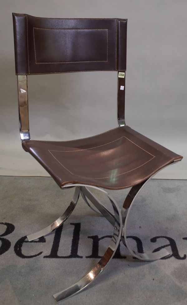 A modern chrome and brown leather side chair on 'X' frame base, 47cm wide x 93cm high.