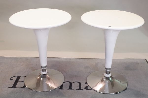 A pair of modern white lacquer circular occasional tables on chrome bases, 60cm diameter x 73cm high.