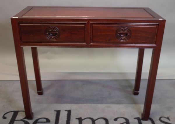 A modern Chinese hardwood two drawer side table, 91cm wide x 77cm high.