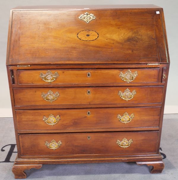 A George III inlaid mahogany bureau with four long graduated drawers on bracket feet, 105cm wide x 107cm high.