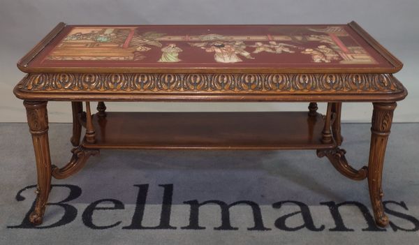 A modern stained beech and chinoiserie decorated rectangular coffee table, 110cm wide x 51cm high.