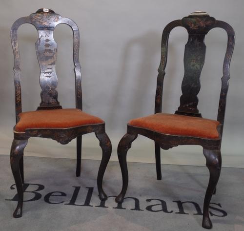 A pair of modern Queen Anne style black lacquer vase back side chairs, 50cm wide x 111cm high, (2).