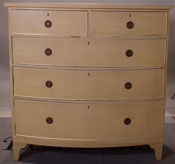 A large modern yellow painted bowfront chest with two short and three long graduated drawers, 122cm wide x 121cm high.