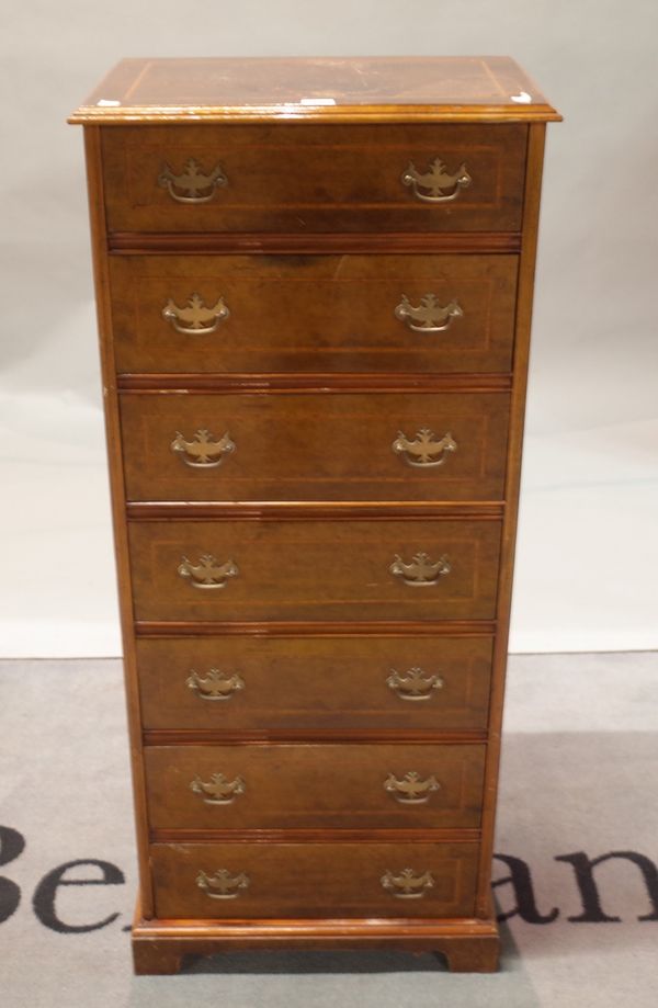 A modern tall burr walnut seven drawer chest, 48cm wide x 111cm high.