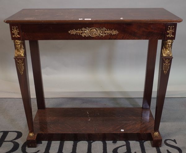 An Empire style rectangular mahogany console table with gilt metal mounts, 90cm wide x 83cm high.
