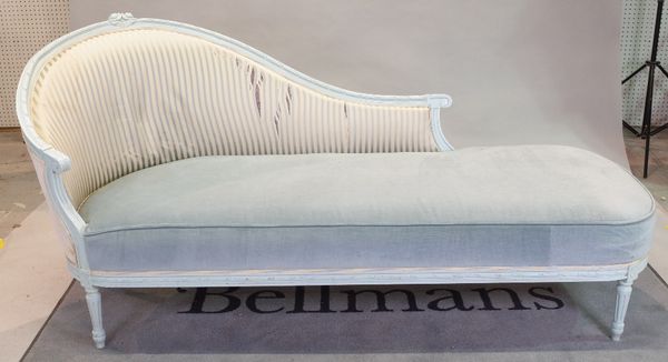 A Louis XVI style blue painted chaise longue with striped upholstery on turned supports, 175cm long x 90cm high.