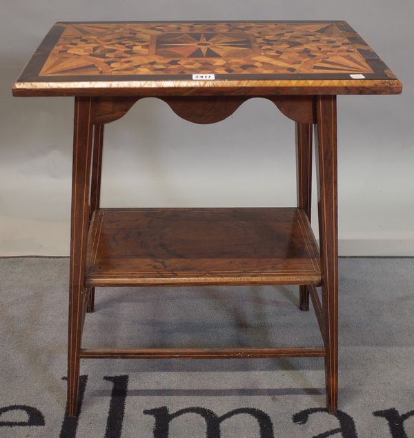 A late 19th century specimen wood deceptive cubed marquetry inlaid rectangular two tier side table, 56cm wide x 66cm high.