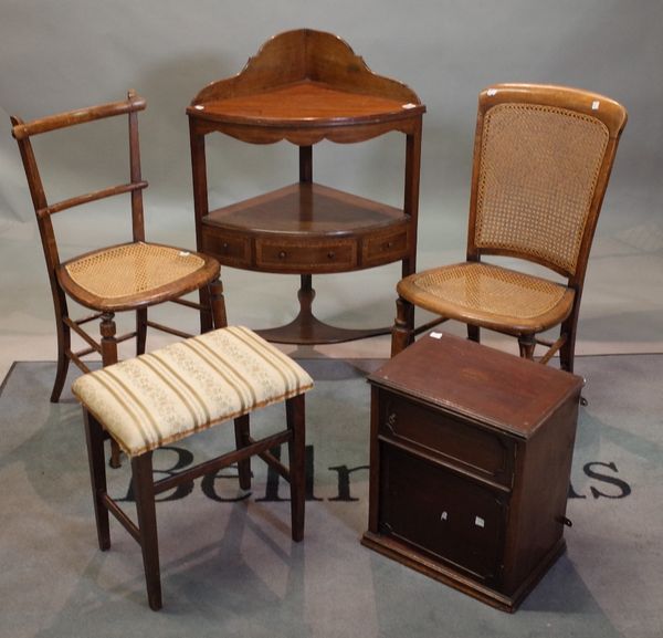 A George III mahogany crossbanded and strung bowfronted corner washstand, 63cm wide x  95cm high,  two Victorian nursing and bedroom chairs with cane...