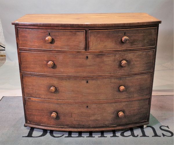 A George III mahogany bowfront chest, fitted with two short and three long drawers, 110cm wide x 92cm high.