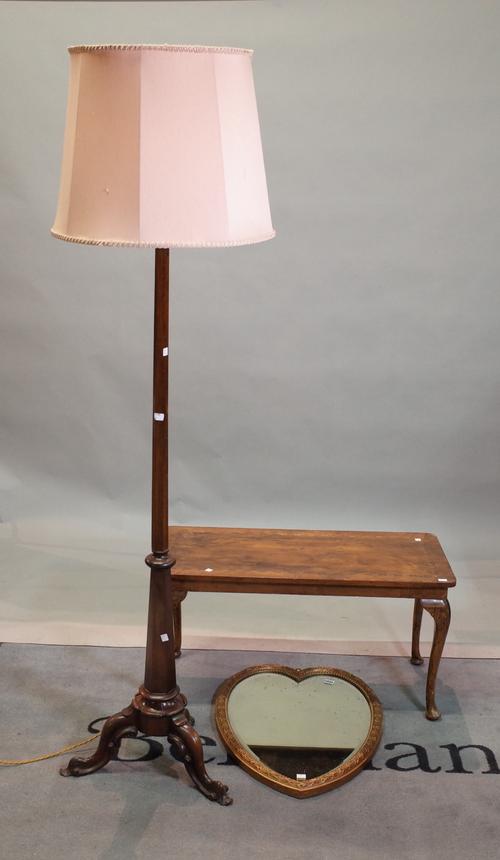 A Victorian gilt gesso frame heart shape wall mirror, 70cm high, a Victorian rosewood pole screen adapted as a standard lamp and a walnut and banded...