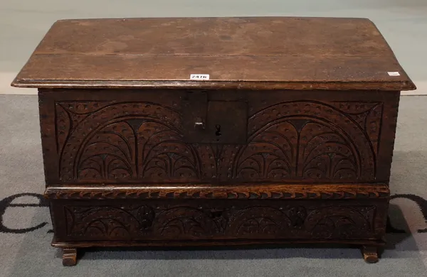 An 18th century and later oak small trunk/ bible box with single drawer, 68cm wide x 34cm high.