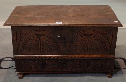 An 18th century and later oak small trunk/ bible box with single drawer, 68cm wide x 34cm high.