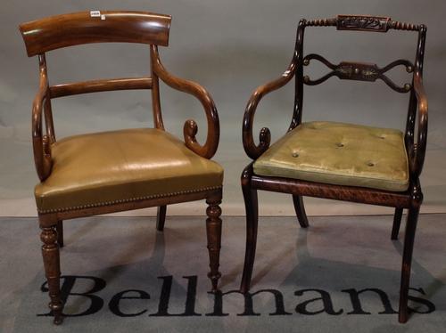 A William IV mahogany open armchair on turned supports, 53cm wide x 87cm high, a George III style mahogany open armchair, 65cm wide x 93cm high and a...