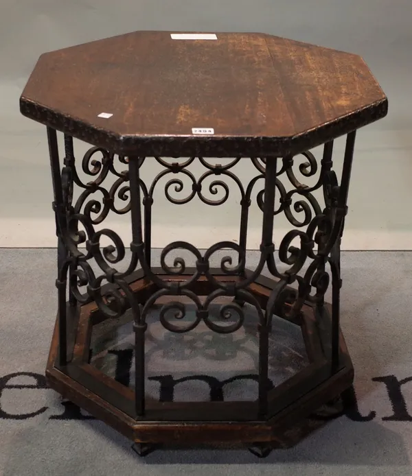 A modern metal and hardwood octagonal occasional table, 59cm wide x 62cm high, and a smaller octagonal table with inset tile top, 41cm wide x 46cm...