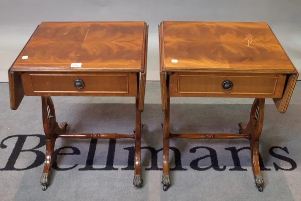 A pair of Regency style mahogany drop flap side tables on lyre supports, 45cm wide x 53cm high, (2).