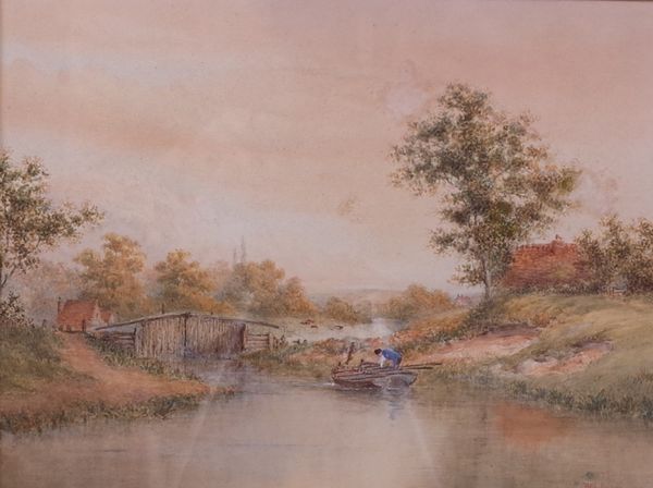 Bryan Whitmore (British, 1836-1903), A man tending to two rowing boats on a stream, signed 'B Whitmore' (lower right), watercolour, 20.5 x 28cm,...