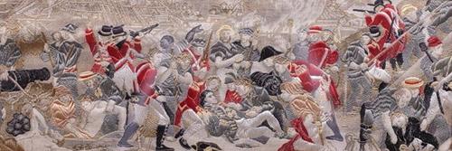 After Thomas Stevens, The Death of Nelson, silkwork, 6 x 17.5cm, together with; an engraving of HMS Victory after E.W. Cooke; a reproduction print of...