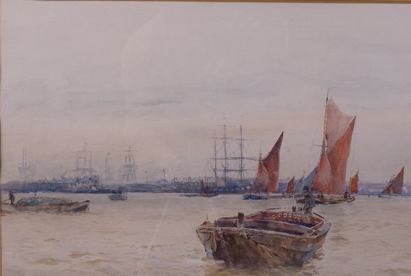 Frank Saltfleet (British, 1860-1937), Dorothy and other shipping on the Thames, signed 'Frank Saltfleet' (lower right), watercolour, 34.5 x 50.5cm,...