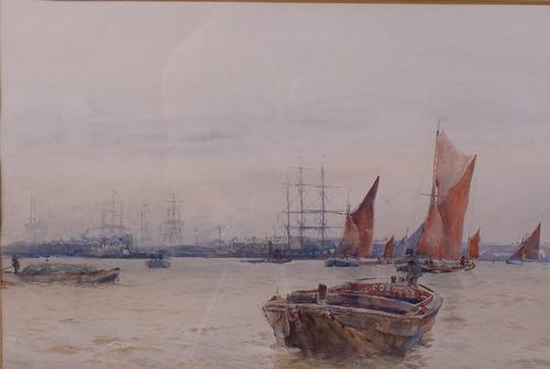 Frank Saltfleet (British, 1860-1937), Dorothy and other shipping on the Thames, signed 'Frank Saltfleet' (lower right), watercolour, 34.5 x 50.5cm,...