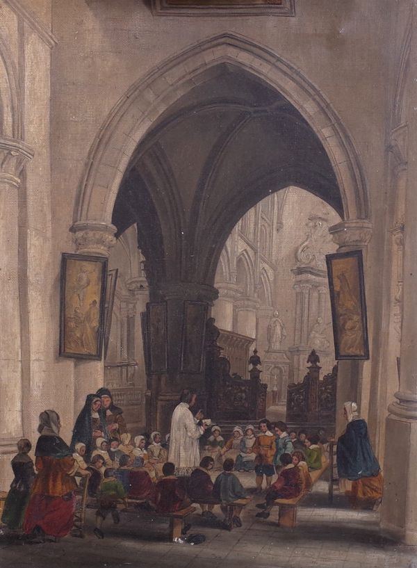 English School, 19th Century, Children in a church interior, 38 x 28cm (unframed)