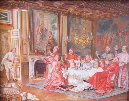C*** Petil (European, late 19th/early 20th Century), Cardinals drinking champagne, signed 'C Petil' (lower right), watercolour and gouache, 14 x 18cm
