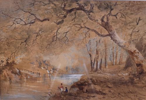 Cornelius Pearson (British, 1805-1891), Fisherman on a woodland stream, signed and dated 'C Pearson 1853' (lower right), watercolour and bodycolour,...