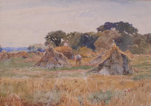Claude Hayes (British, 1852-1922), Harvesting hay, signed 'Claude Hayes' (lower left), watercolour, 24 x 34.5cm, together with; two pastels by...