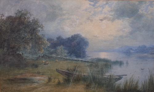 Pollok Sinclair Nisbet (British, 1848-1922), Sheep at rest by a lake, signed 'Pollok S Nisbet' (lower left), watercolour, 44 x 74cm