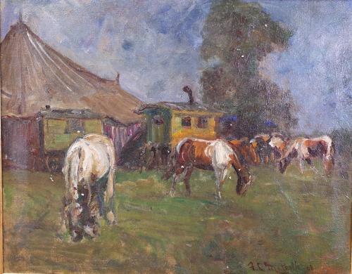 Florence C Metcalfe (British, late 19th/early 20th Century), The Travelling Circus, signed and dated 'F C Metcalfe 08' (lower right), oil on canvas,...