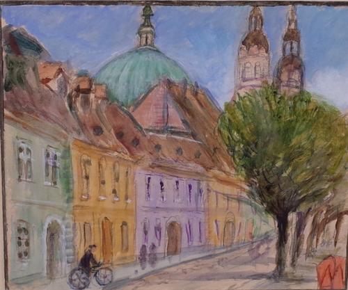 Marcia Gibson-Watt (British, b. 1949), A street in Sibiu, signed with monogram (lower right), acrylic, 9 x 10cm, together with; a print by H W Roell,...